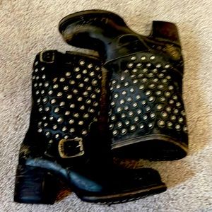 Frye Boots- black leather distressed studded
